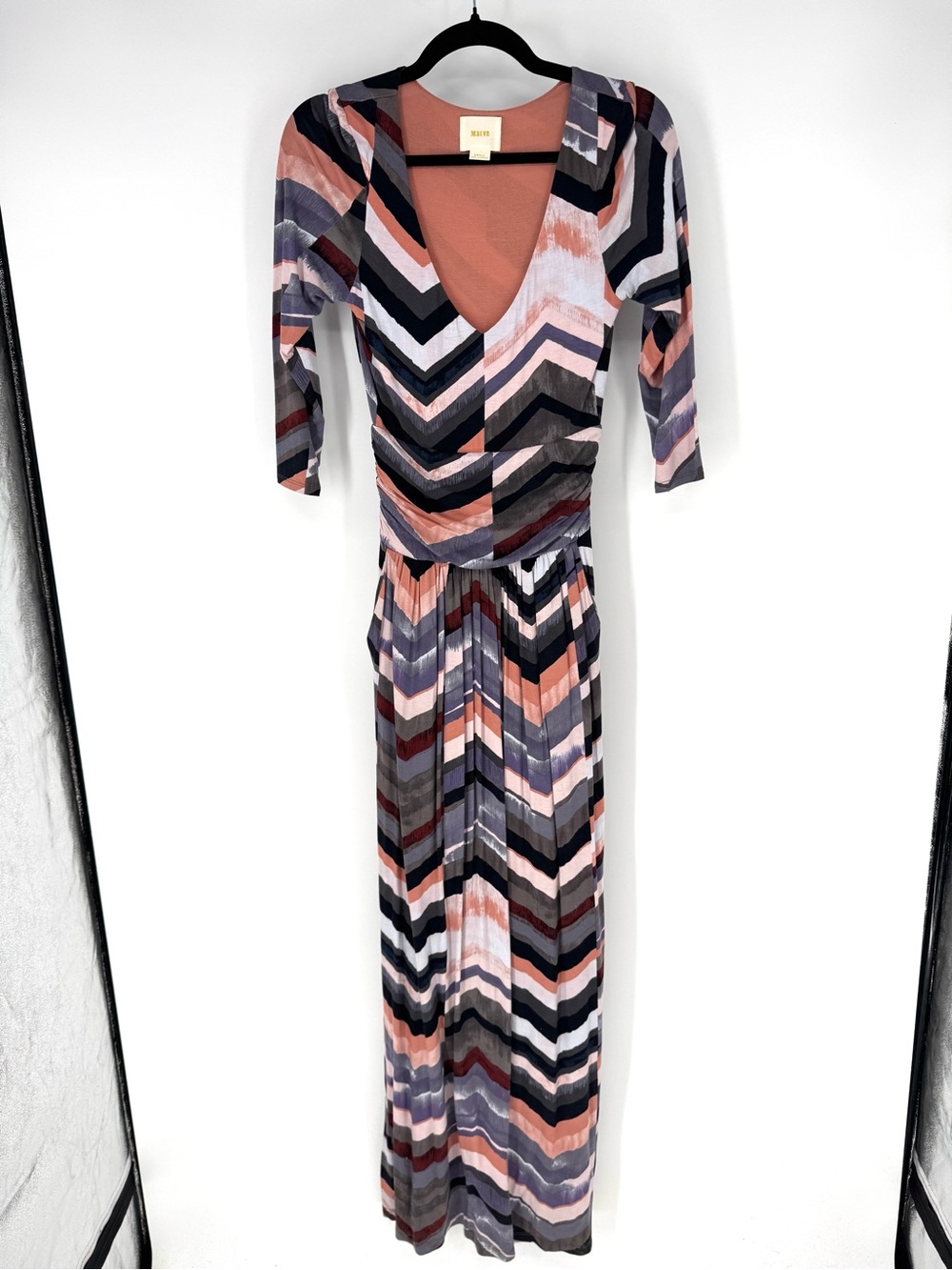 Maeve Chevron-Pattern V-Neck Maxi Dress in Peach, Gray, Black